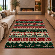 Hockey Christmas Sweater rug in a living room with a fireplace