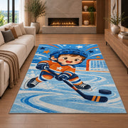 Little Hockey Star rug in a living room with a fireplace