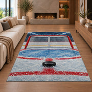 Hockey Goal Front View rug in a living room with a fireplace