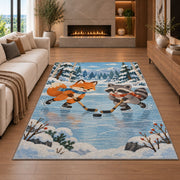 Fox and Raccoon Hockey rug in a living room with a fireplace