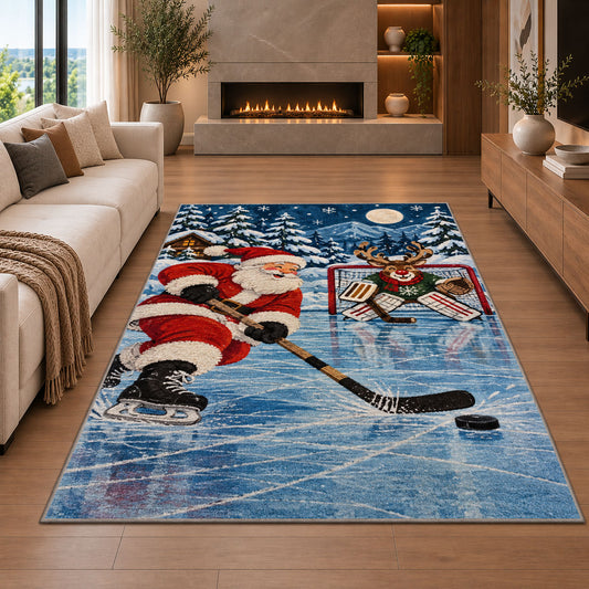 Santa Plays Hockey rug in a living room with a fireplace
