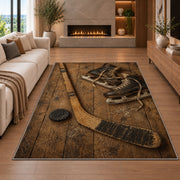 Vintage Hockey Stick and Skates rug in a living room with a fireplace