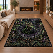 A witch above a green glowing portal with vines, skulls, and mystical borders rug in a living room with a fireplace