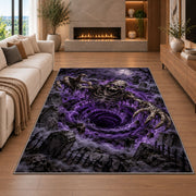 A grinning skeletal creature reaching from a violet vortex above a dark cemetery rug in a living room with a fireplace