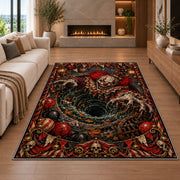 A sinister clown above a swirling pit surrounded by red balloons and carnival details rug in a living room with a fireplace