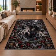 A long-haired ghost above a dark spiral with skulls, cobwebs, and ornate borders rug in a living room with a fireplace