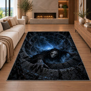 A pale hooded phantom emerging from a blue stone vortex rug in a living room with a fireplace