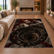 An eerie red-haired doll gripping a skull-lined spiral stone well rug in a living room with a fireplace