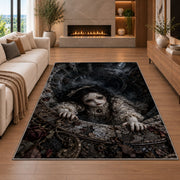A dark-haired antique doll climbing over a deep circular stone shaft rug in a living room with a fireplace
