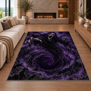 A screaming hooded specter hovering above a purple swirling abyss rug in a living room with a fireplace