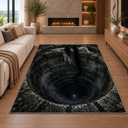 A long-haired ghost leaning over a deep stone well beneath tangled branches rug in a living room with a fireplace