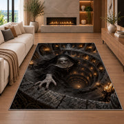 A pale hooded figure emerging from a candlelit spiral stone chamber rug in a living room with a fireplace