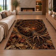 A ragged scarecrow with glowing eyes rising beside an autumn-leaf spiral rug in a living room with a fireplace