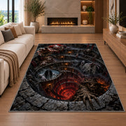 A gathering of eerie creatures surrounding a glowing red spiral pit rug in a living room with a fireplace