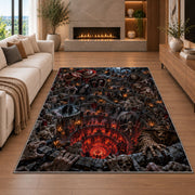 An ensemble of sinister figures framing a fiery descending castle abyss rug in a living room with a fireplace