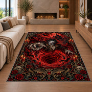 Gothic vampire red vortex area rug in a living room with a fireplace