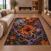 Skeleton and jack-o'-lantern graveyard vortex area rug in a living room with a fireplace