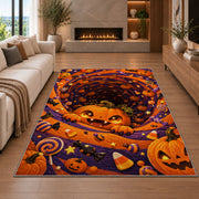 Cute pumpkin and candy spiral area rug in a living room with a fireplace