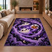 Cute ghost purple swirl area rug in a living room with a fireplace