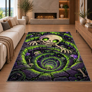 Glowing green skeleton well vortex area rug in a living room with a fireplace