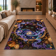Black cat witch cauldron galaxy area rug in a living room with a fireplace