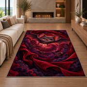Cute bat red velvet vortex area rug in a living room with a fireplace