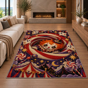 Creepy circus clown spiral area rug in a living room with a fireplace