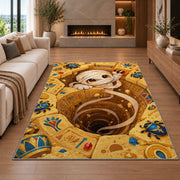 Cute mummy Egyptian tomb area rug in a living room with a fireplace