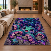 Cute octopus cosmic vortex area rug in a living room with a fireplace