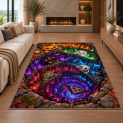 Neon underworld cave vortex area rug in a living room with a fireplace