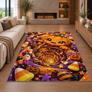 Cute pumpkin candy tunnel area rug in a living room with a fireplace
