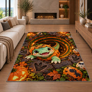 Cute dinosaur pumpkin costume area rug in a living room with a fireplace