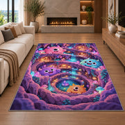 Cute fluffy monster crystal cave area rug in a living room with a fireplace