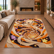 Cute mummy orange swirl area rug in a living room with a fireplace