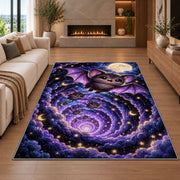 Cute bat full moon galaxy area rug in a living room with a fireplace