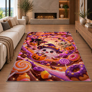 Cute ghost witch candy swirl area rug in a living room with a fireplace
