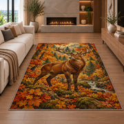 Autumn Whitetail Buck rug in a living room with a fireplace