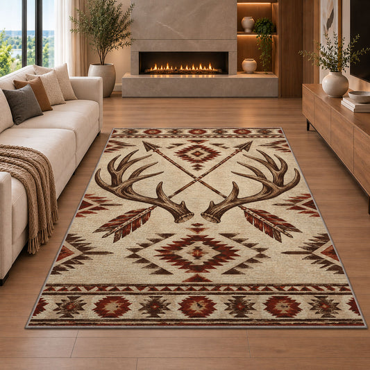 Antlers and Arrows rug in a living room with a fireplace