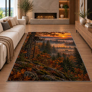 Tree Stand Sunrise rug in a living room with a fireplace