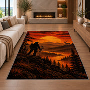 Bowhunter Sunset rug in a living room with a fireplace