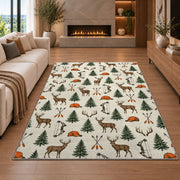 Hunting Icons Pattern rug in a living room with a fireplace