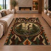 Bowhunting Emblem rug in a living room with a fireplace