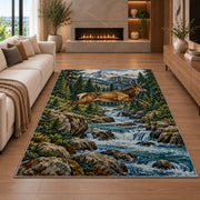 Leaping Deer Stream rug in a living room with a fireplace