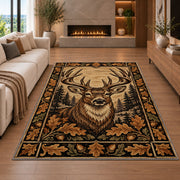 Woodcut Stag rug in a living room with a fireplace
