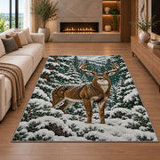Winter Buck rug in a living room with a fireplace