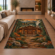 Hunting Cabin rug in a living room with a fireplace
