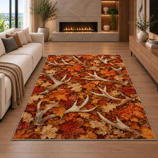 Shed Antlers Autumn rug in a living room with a fireplace