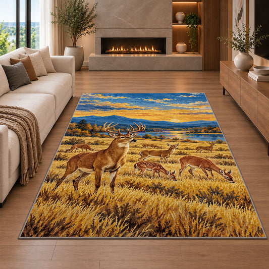 Deer Herd Meadow rug in a living room with a fireplace