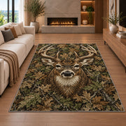 Woodland Camo Buck rug in a living room with a fireplace