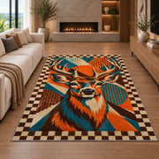 Pop Art Buck rug in a living room with a fireplace